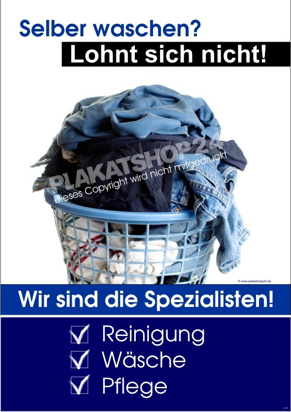 Werbeplakat für Wäscherei und Textilpflege mit Bild Wäschekorb