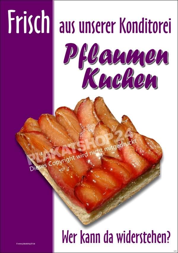 Pflaumenkuchen-Plakat für frischen Pflaumenkuchen aus der Konditorei