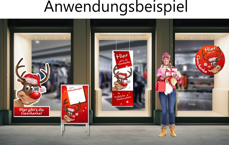 Weihnachten_Werbevorschlag Fensterfolie mit lustigem Rentier für die Weihnachtswerbung