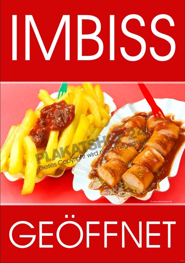 Gastroposter Imbiss geöffnet mit Foto Currywurst mit Pommes