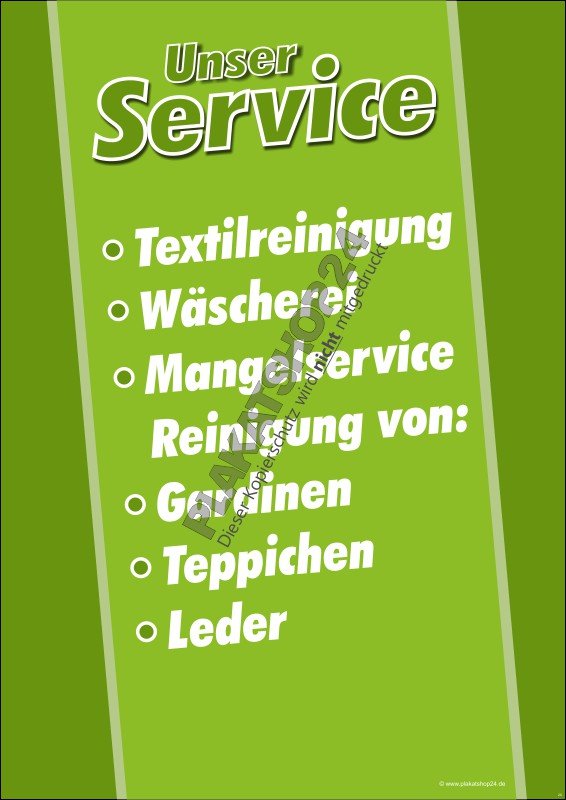 Werbeplakat für Textilreinigung mit Auflistung aller Dienstleistungen
