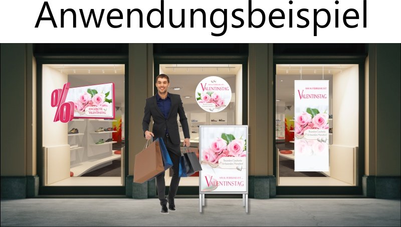 Schaufensterdekoration_zum-Valentinstag Blumiger Angebots-Aufkleber für den Valentinstag