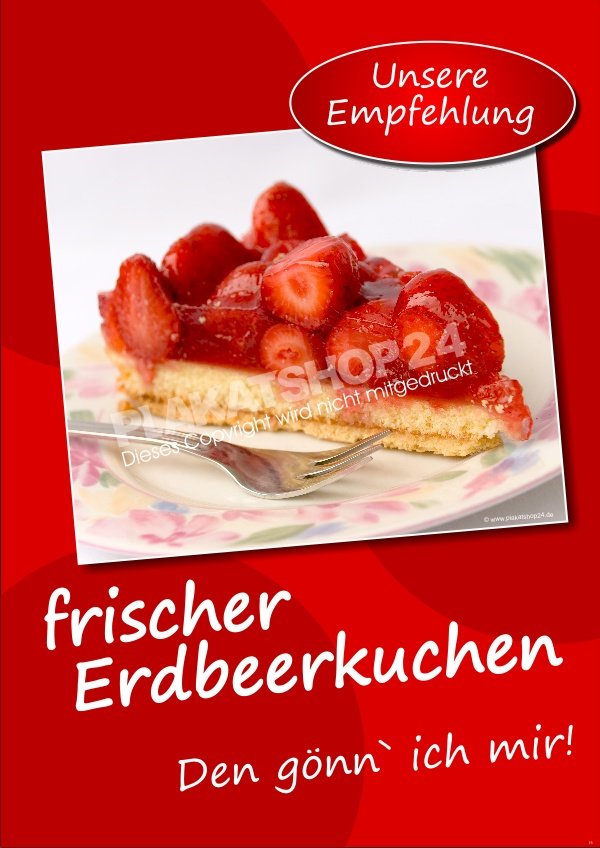 Werbeplakat für Erdbeerkuchen und Erdbeertboden