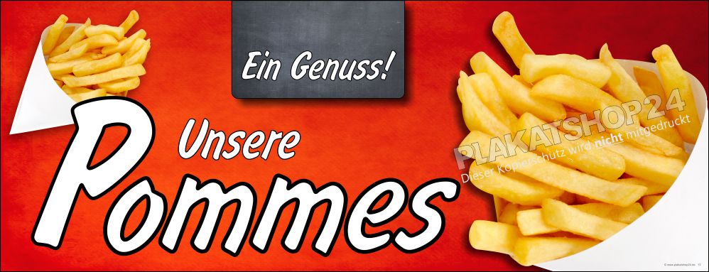 Imbiss-Banner mit Werbung für Pommes frites