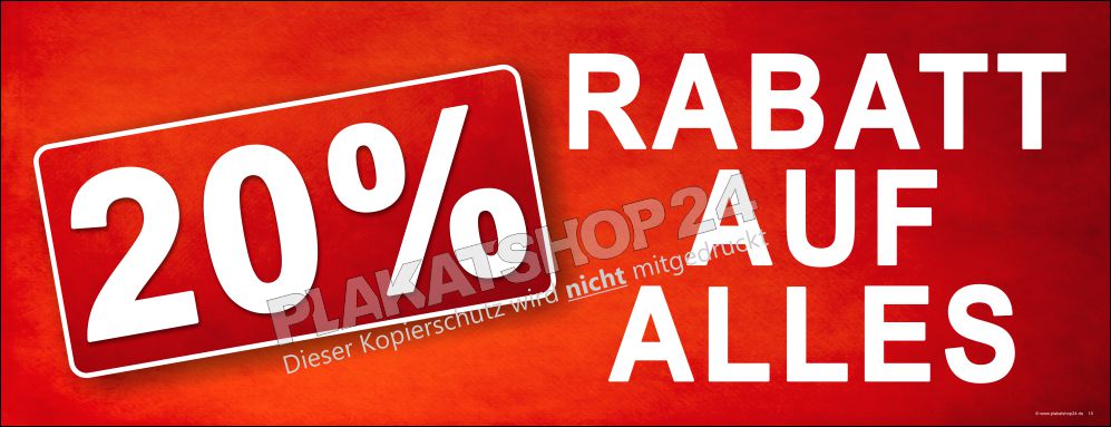 Querformat Werbebanner 20% Rabatt auf alles – Wetterfeste PVC-Plane oder Klebefolie für Fassade & Zaun Querformat Werbebanner 20% Rabatt auf alles – Wetterfeste PVC-Plane oder Klebefolie für Fassade & Zaun
