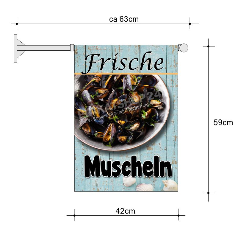 Fahne Muscheln frisch – Außenwerbung Fischhandel & Gastronomie | beidseitiger Druck | UV-beständig | 42x59 cm