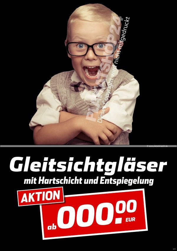 Lustiges Angebotsplakat für Gleitsichtgläser für Augenoptiker-Werbung