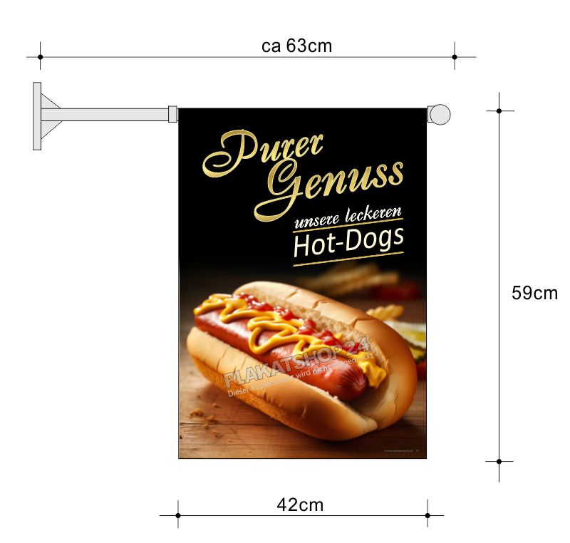 Hot Dog Stockfahne beidseitig bedruckt – Wetterfeste Kiosk-Fahne inkl. Halterung Hot Dog Stockfahne beidseitig bedruckt – Wetterfeste Kiosk-Fahne inkl. Halterung