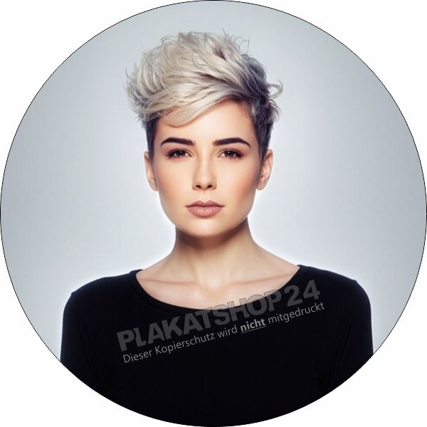 ✂️ Runde Friseur-Schaufensterfolie Kurzhaarfrisur Silber-Grau | Plakatshop24 💇‍♀️