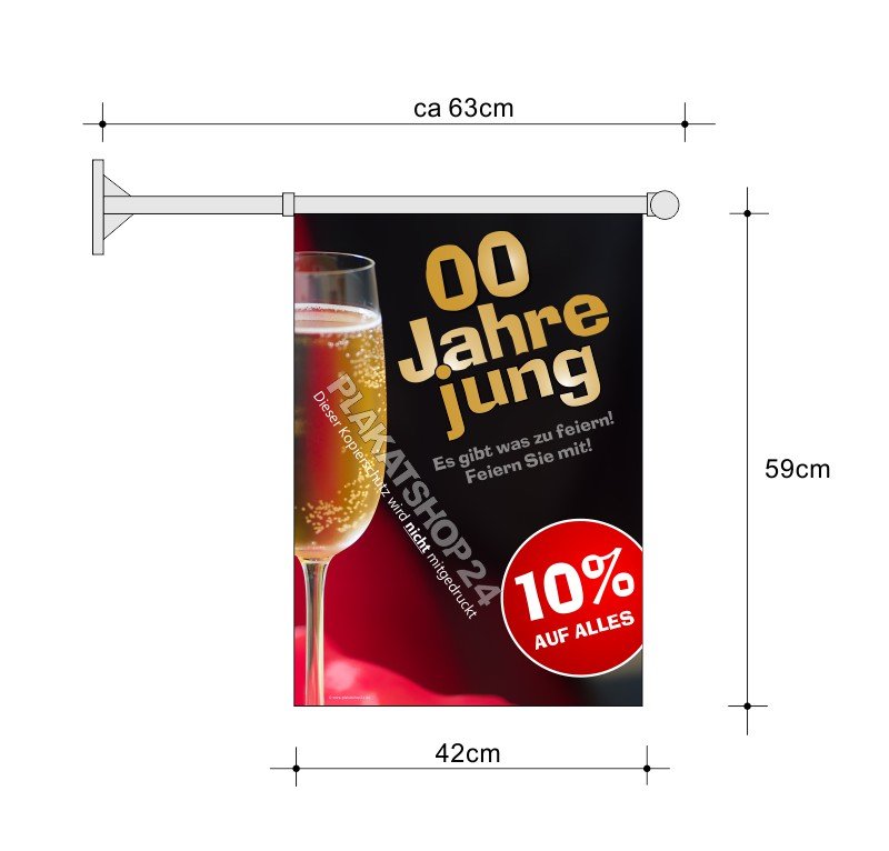 Stockfahne_Sektglas_Jubilaeum Stockfahne A2 für Jubiläumsverkauf