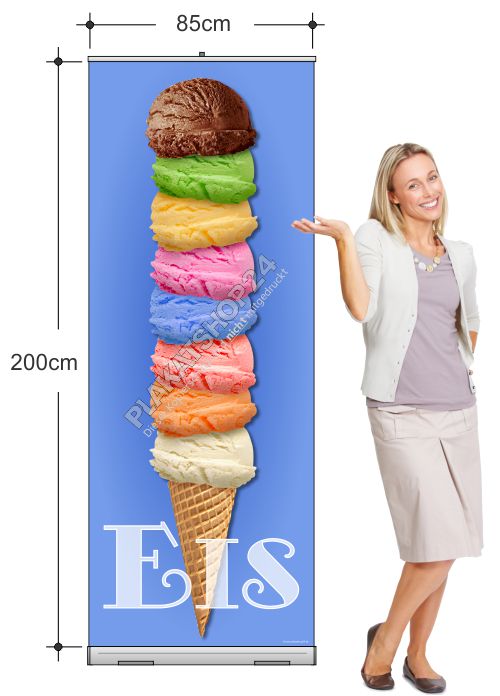 rollupbanner-mit-foto-eiskugeln Eiswerbung-Rollupdisplay mit Foto Eiskugeln im Hörnchen