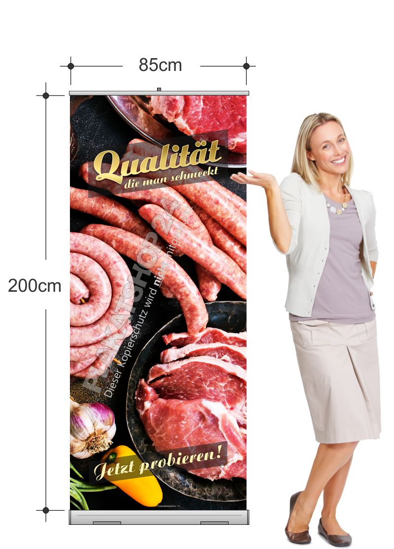 Rollupbanner bedruckt mit Fleischerei-Werbung
