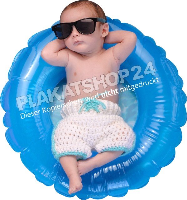 Lustige Werbefolie Baby im Schwimmreifen blau