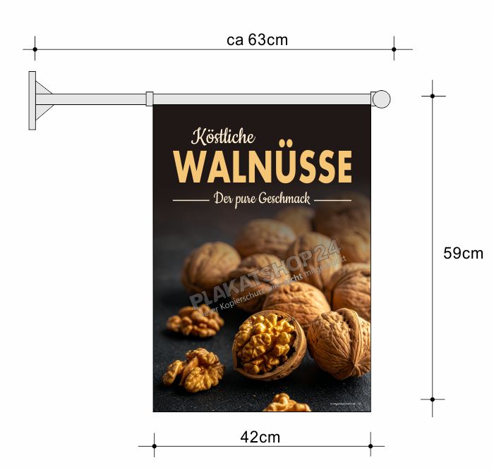Stockfahne Köstliche Walnüsse – Der pure Geschmack | Werbefahne beidseitig bedruckt inkl. Wandhalterung