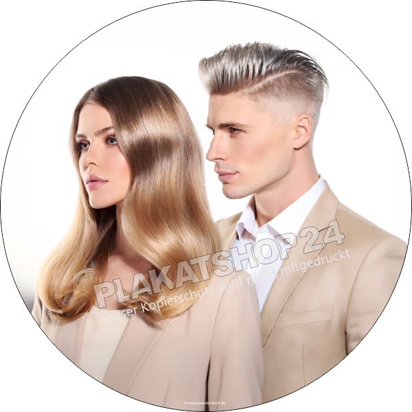 Runde Klebefolie „Fashion Hair Couple“ – Moderne Schaufensterwerbung für Friseursalons