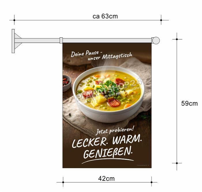 Gastro Stockfahne Mittagstisch – Beidseitige Werbefahne wetterfest inkl. Wandhalterung | Plakatshop24 Gastro Stockfahne Mittagstisch – Beidseitige Werbefahne wetterfest inkl. Wandhalterung | Plakatshop24