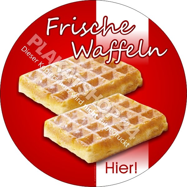 Runder Aufkleber mit Werbung für frische belgische Waffeln