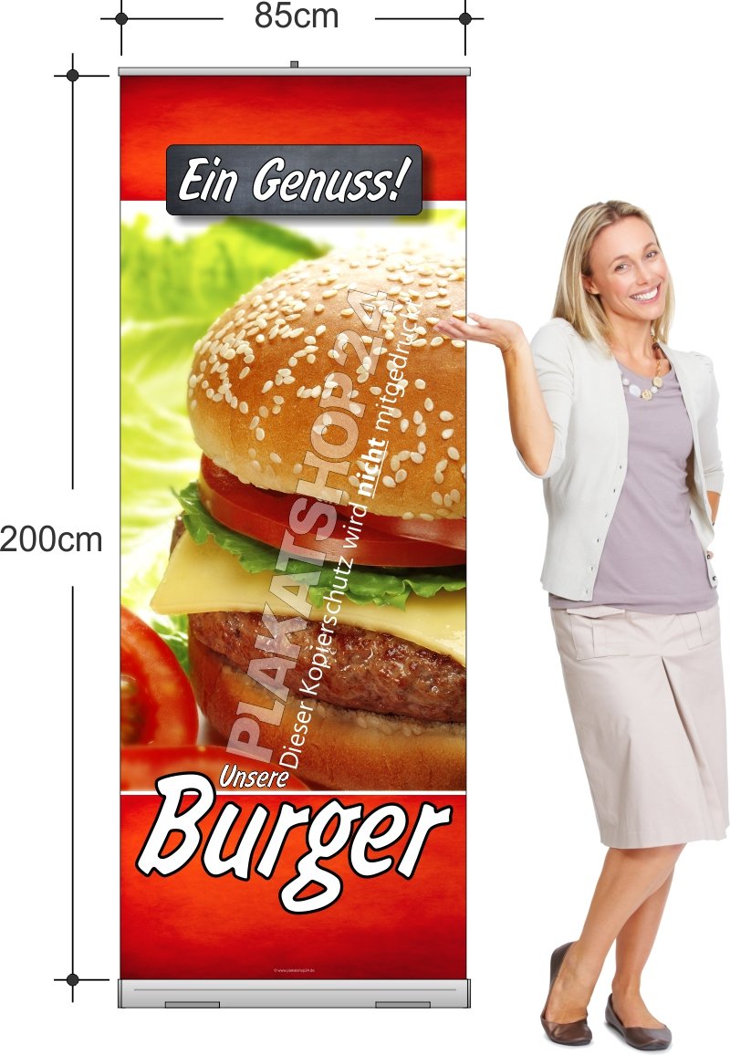 Rollupbanner mit Burger-Werbung für Imbissbetrieb
