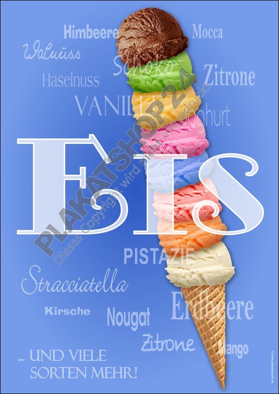 eisplakat Werbeplakat Kugeleis und Auflistung Eissorten