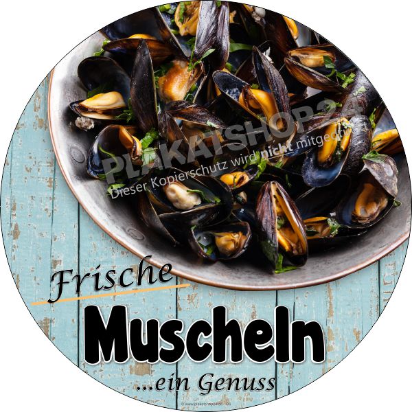 Muschel-Aufkleber Gastronomie – Rundes Werbebanner für Schaufenster & Glas