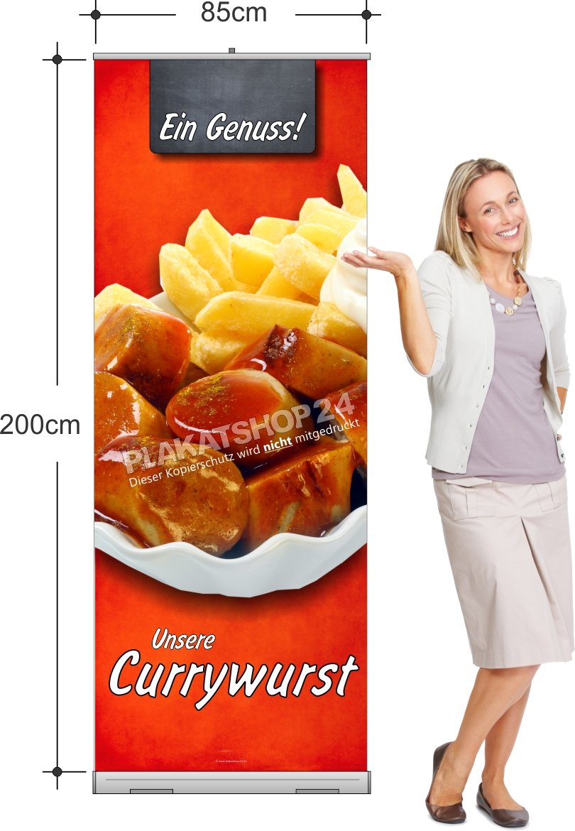 Imbiss-Rollup-Banner für Werbung Currywurst mit Pommes