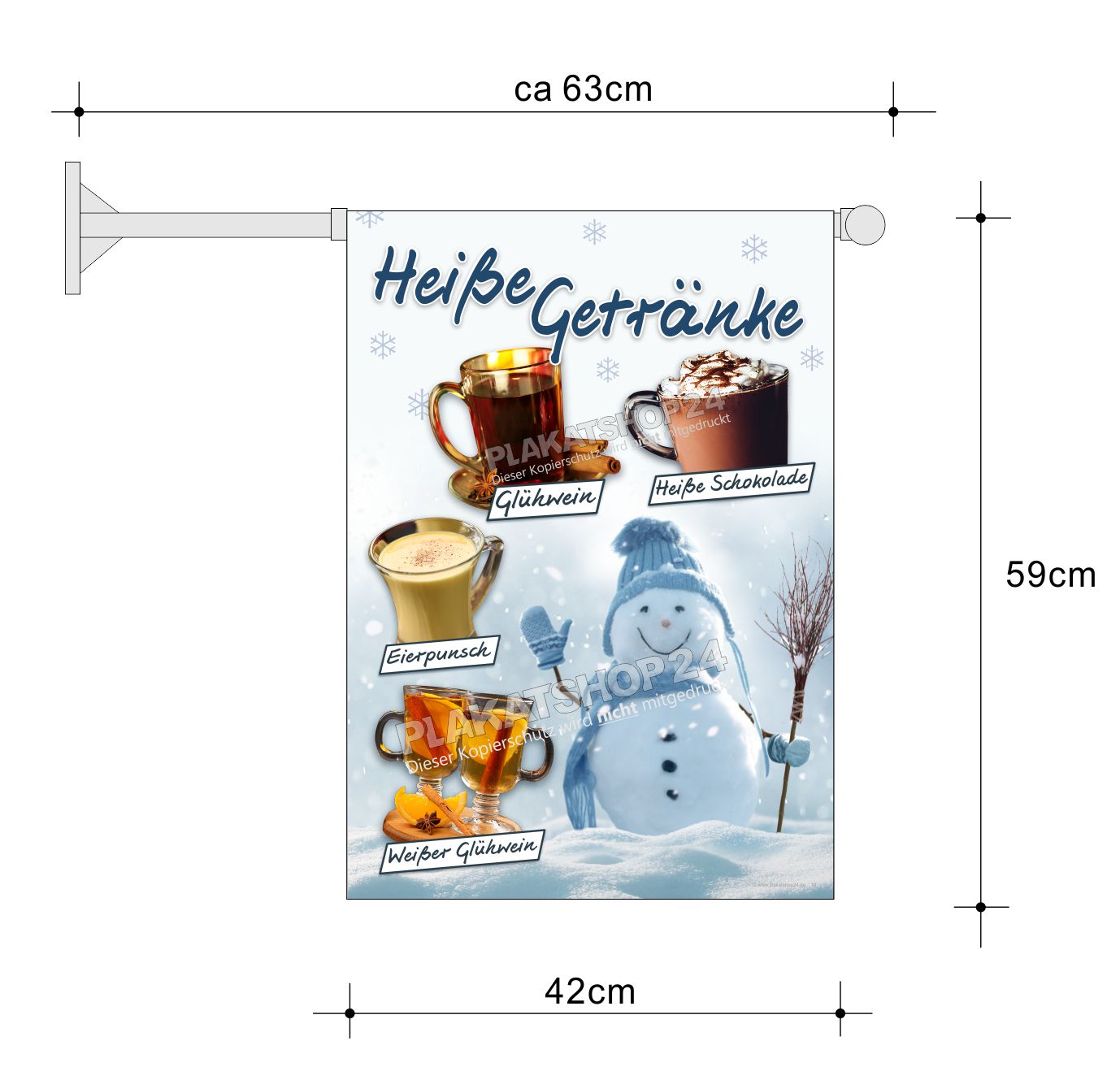 Fahne Heiße Getränke mit Schneemann-Motiv (Glühwein, heiße Schokolade, Eierpunsch, weißer Glühwein)