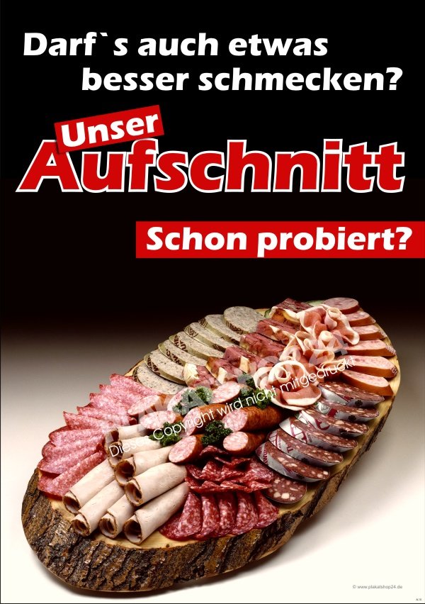 Aufschnitt-Werbeplakat mit Bild frischee Aufschnittspezialitäten