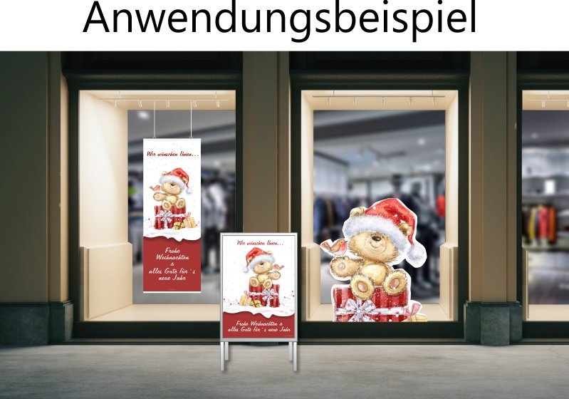 Fassadengestaltung_Weihnachten Poster mit Teddybär für die Weihnachtswerbung