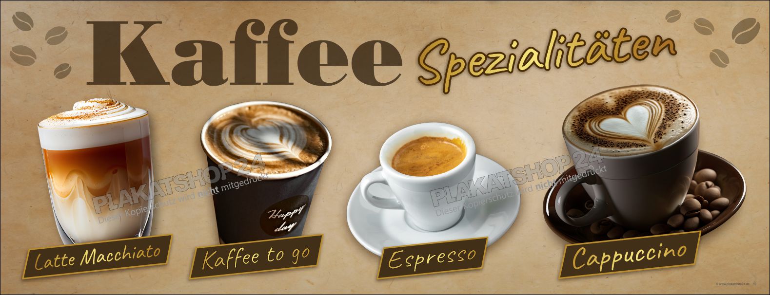 Werbebanner für Kaffeespezialitäten (Cappuccino, Kaffee zum Mitnehmen, Espresso, Latte Macchiato)