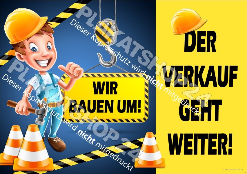 Quer-Plakat Wir bauen um - der Verkauf geht weiter