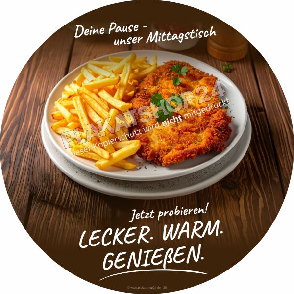 Runder Scheibenaufkleber Mittagstisch Schnitzel | Fensterfolie Gastronomie 30cm, 42cm & 61cm Runder Scheibenaufkleber Mittagstisch Schnitzel | Fensterfolie Gastronomie 30cm, 42cm & 61cm