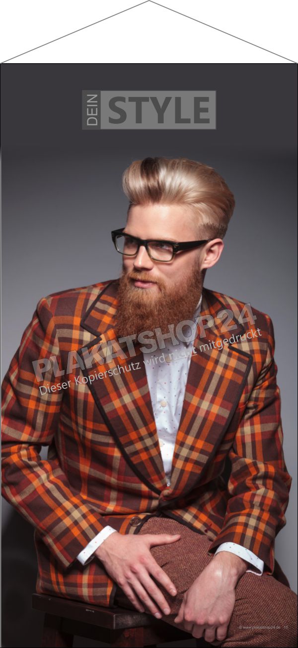 Transparentes Frisurenbanner aus Textil für Herrensalon