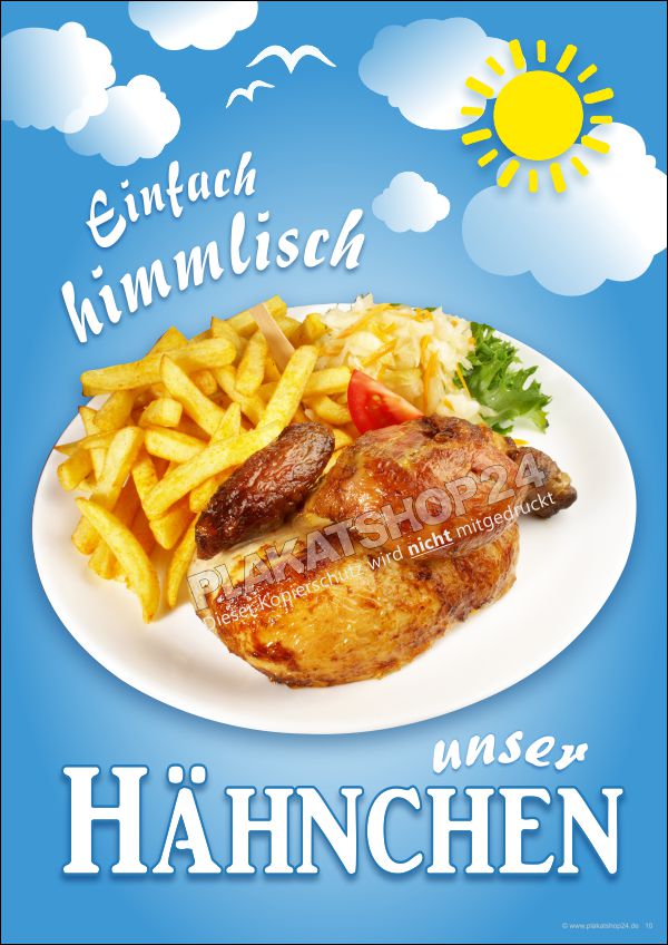 Imbissschild (Plakat) halbes Hähnchen mit Pommes