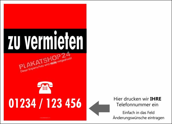 Plakat Zu vermieten mit Eindruck Ihrer Telefon-Nummer