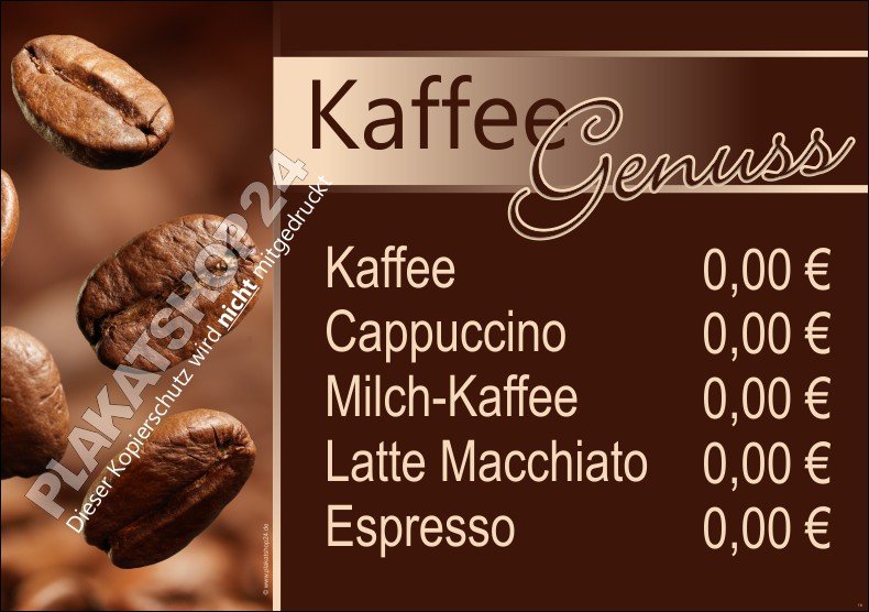 Querplakat mit Preisliste für Kaffeespezialitäten