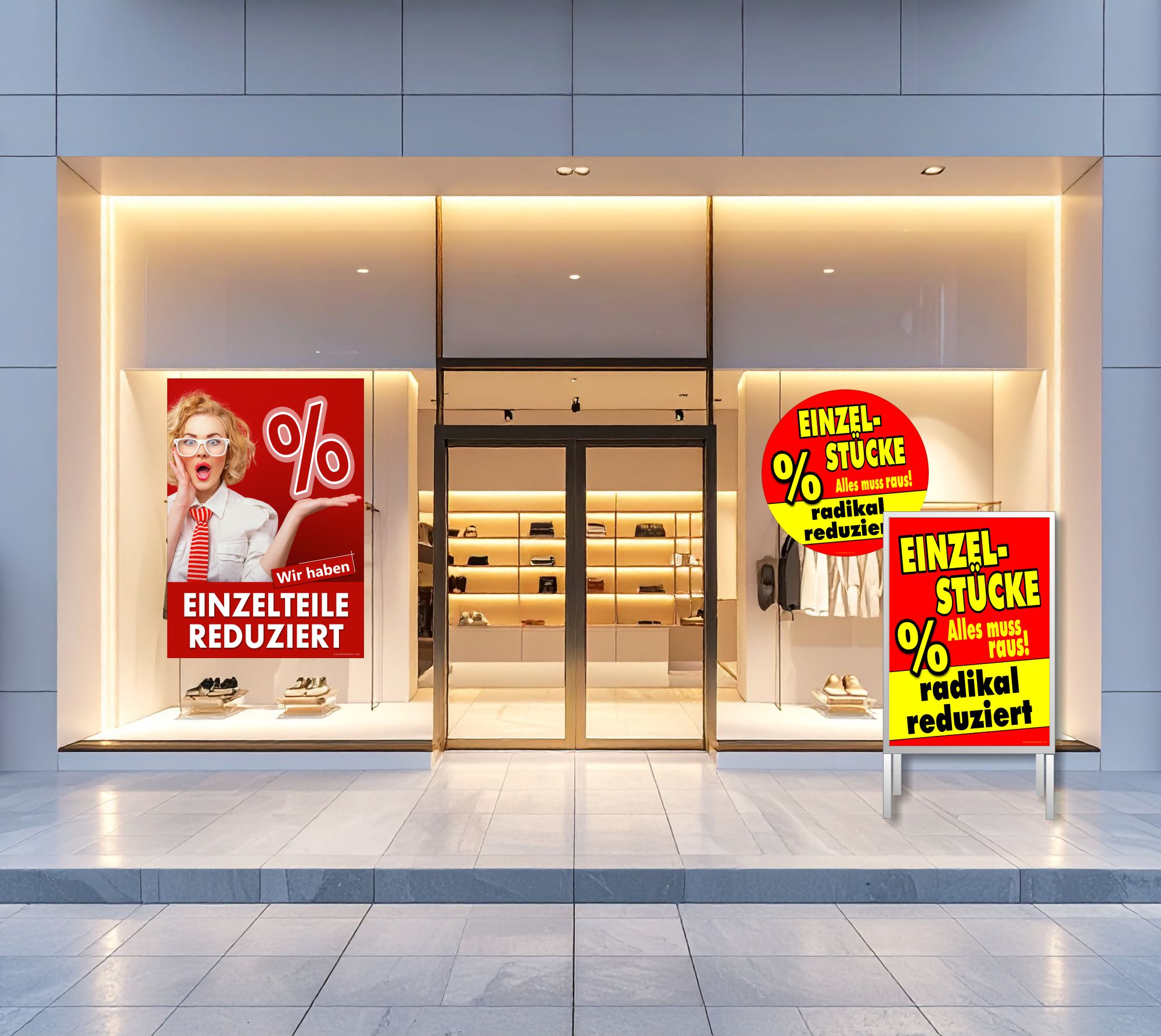 Sale-Plakat "Einzelstücke radikal reduziert – Alles muss raus!" | Wetterfest & UV-stabil