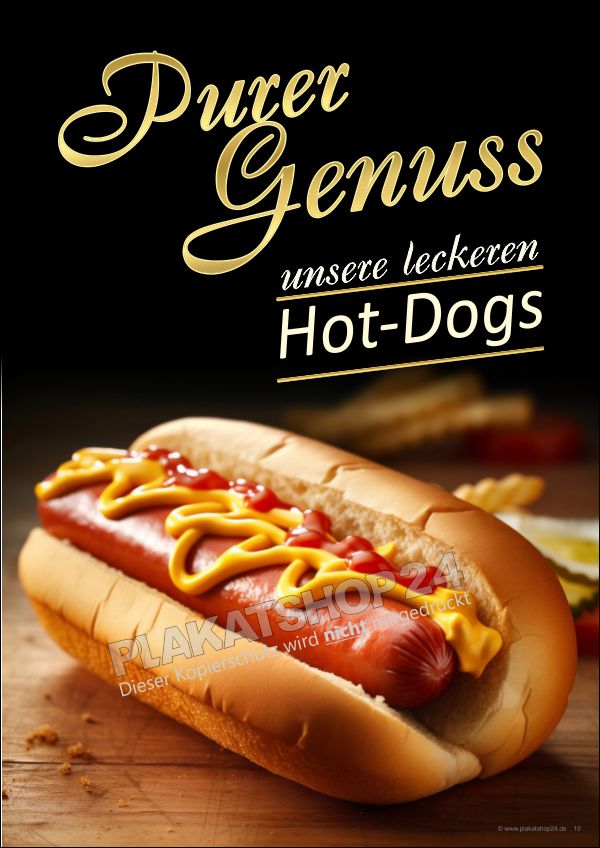 Hot Dog Plakat wetterfest – Werbeplakat Gastronomie kaufen | Plakatshop24 Hot Dog Plakat wetterfest – Werbeplakat Gastronomie kaufen | Plakatshop24