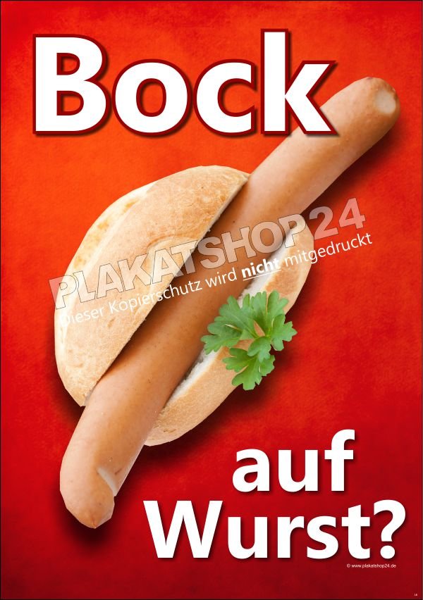 Werbeplakat für Bockwurst im Brötchen