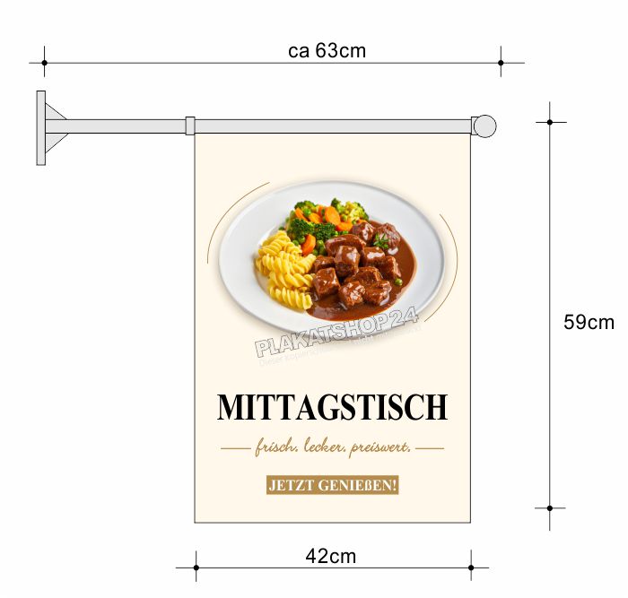 Werbefahne Mittagstisch – Frisch, Lecker, Preiswert | Gastronomie Kioskfahne beidseitig