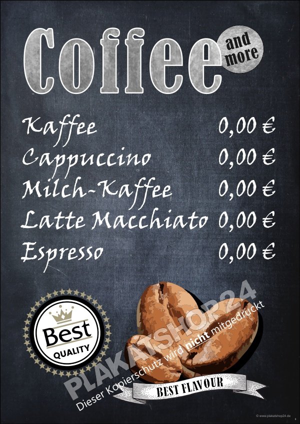 Preistafel für Kaffeespezialitäten