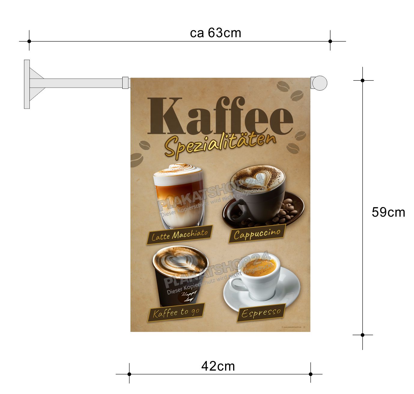 Stockfahne Kaffeespezialitäten mit Fotos von Cappuccino, Latte Macchiato, Kaffee to go, Espresso
