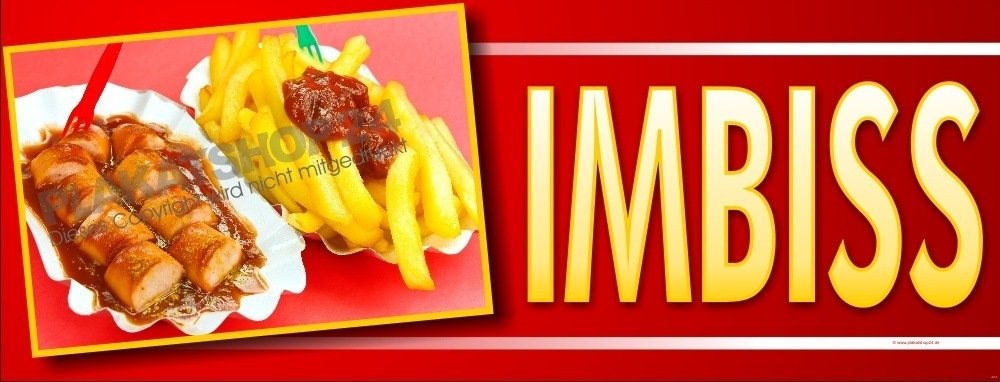 Werbebanner Imbiss mit Bild Currywurst und Pommes