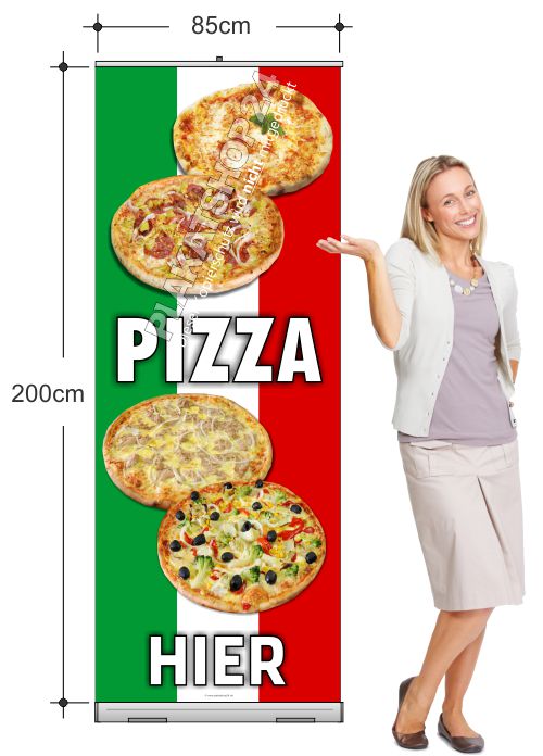 Gastro-Rollupdisplay mit Werbung für Pizzalieferservice