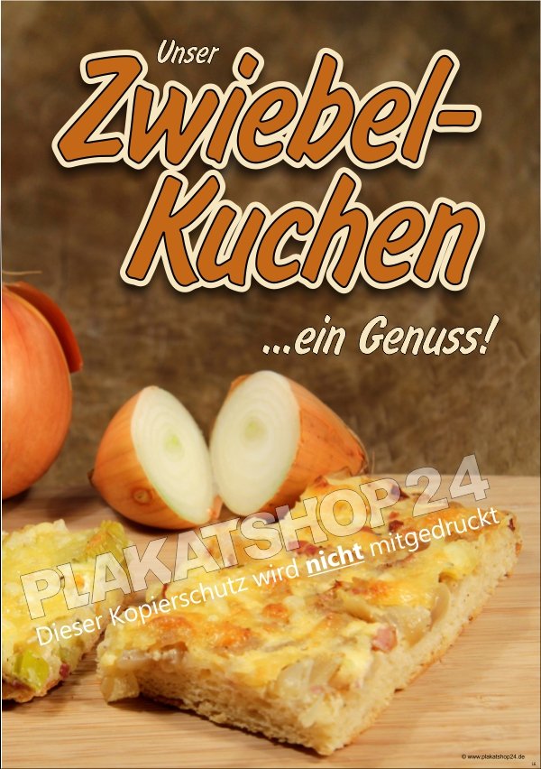 Zwiebelkuchen-Plakat mit Foto frischer Zwiebelkuchen
