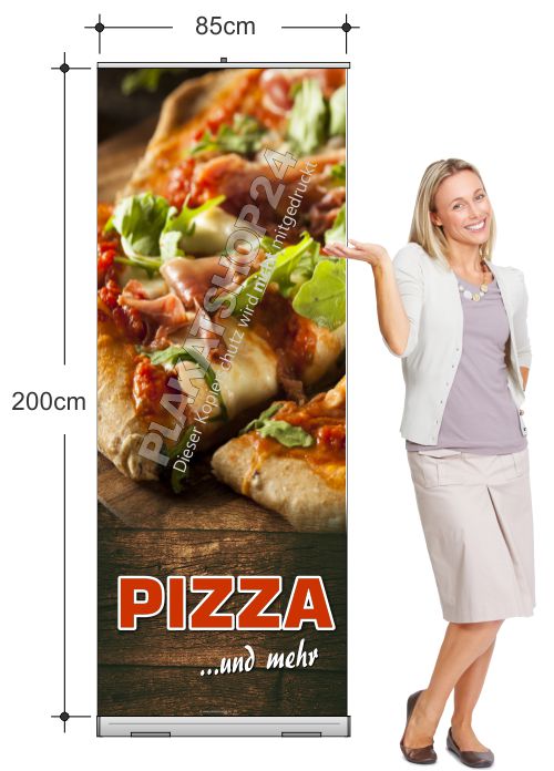 Rollupbanner mit Werbung für Pizza