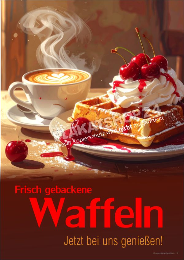Plakat frisch gebackene Waffeln mit Sahne und Kirschen