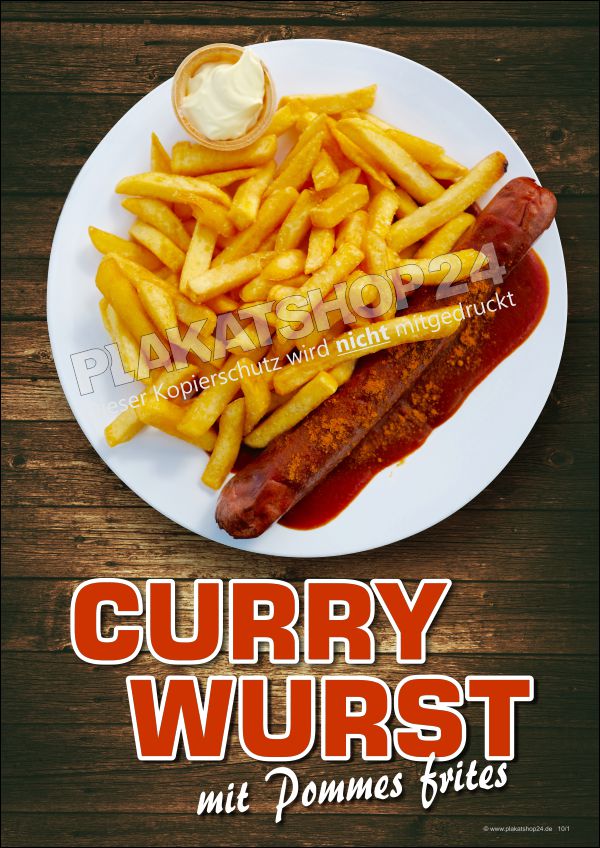 Werbeplakat für Currywurst Pommes