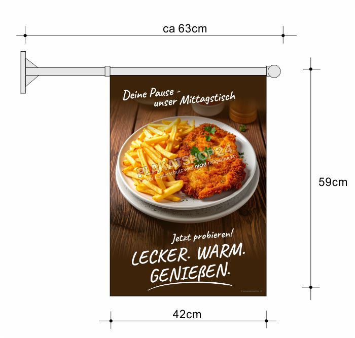 Gastro Stockfahne Mittagstisch Schnitzel | Beidseitige Kioskfahne 42x59cm inkl. Wandhalterung