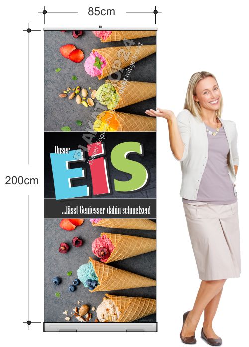 rollupbanner-fuer-eisverkauf Rollupbanner für Eisverkauf mit Foto Eis in Tüten