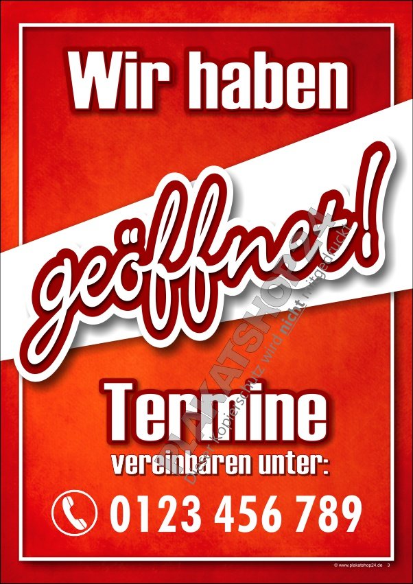 Plakat Geschäft geöffnet mit Terminvereinbarung
